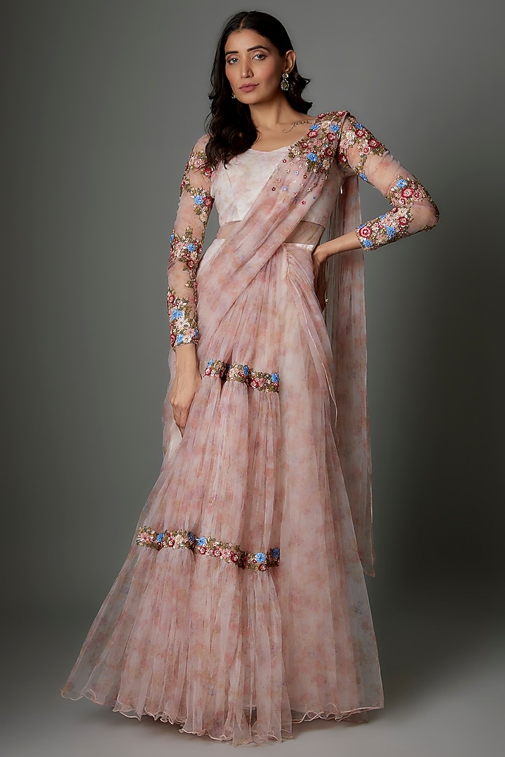 Pink Tulle Sequins Embellished & Printed Draped Wedding Gown Saree by FATIZ at Pernia's Pop Up Shop