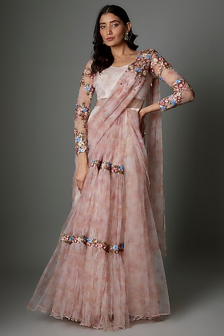 Pink Tulle Sequins Embellished & Printed Draped Gown Saree by FATIZ