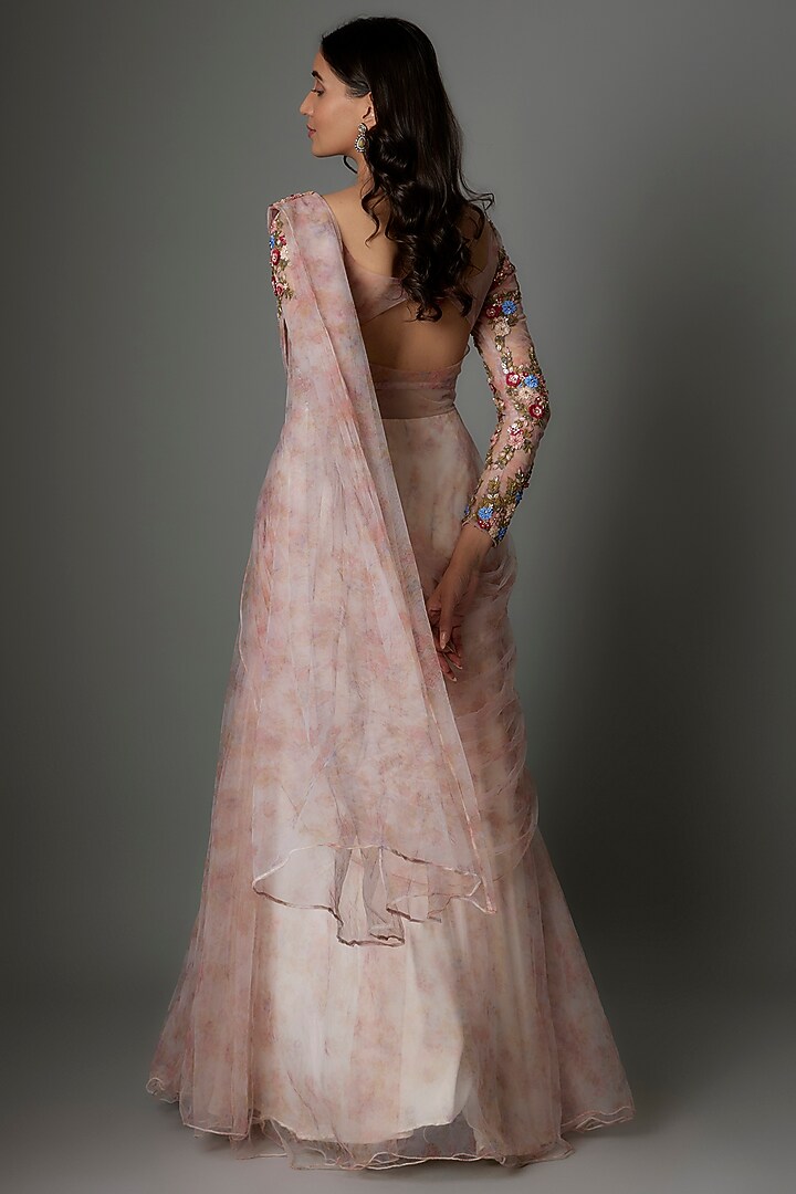 Pink Tulle Sequins Embellished & Printed Draped Wedding Gown Saree by FATIZ at Pernia's Pop Up Shop