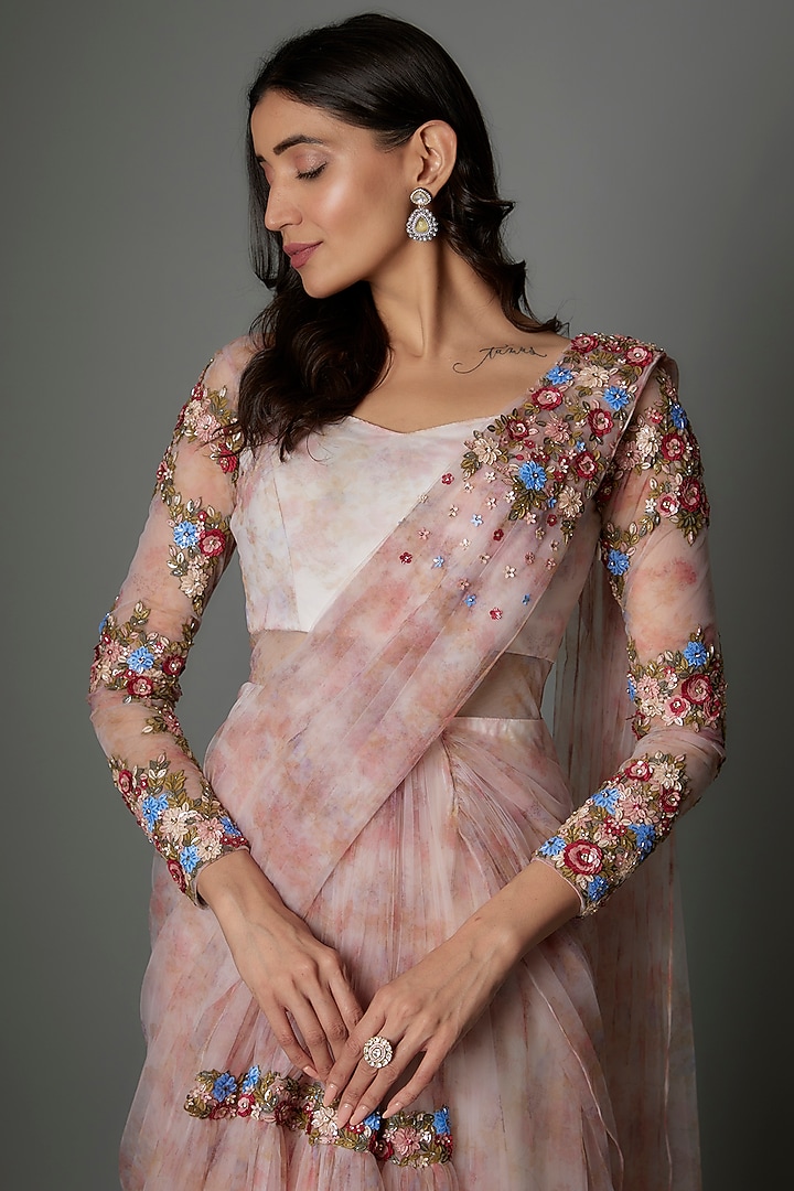 Pink Tulle Sequins Embellished & Printed Draped Wedding Gown Saree by FATIZ at Pernia's Pop Up Shop