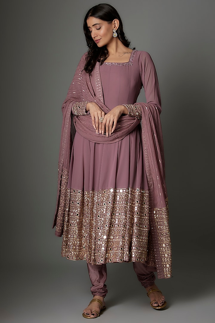 Mauve Georgette Sequins Embellished Anarkali Set by FATIZ