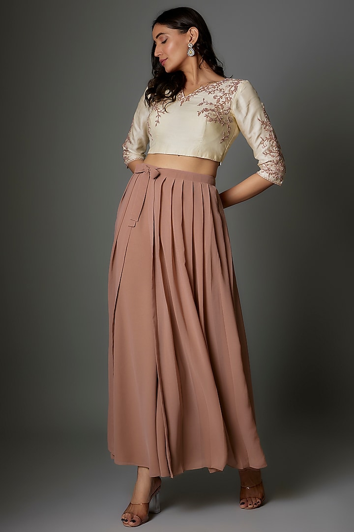 Ivory & Dusty Rose Georgette & Russian Silk Co-Ord Set by FATIZ at Pernia's Pop Up Shop