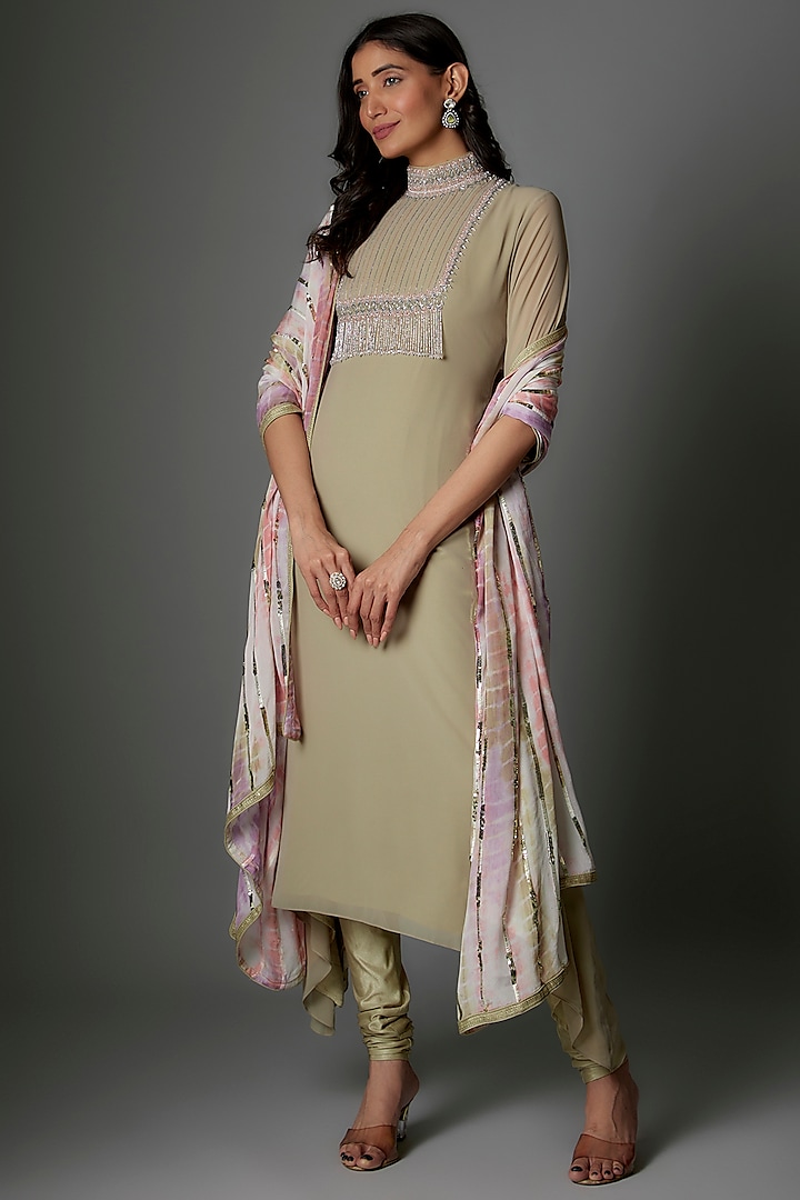 Sage Green Georgette Crystal Embellished Party Wear Anarkali Set by FATIZ at Pernia's Pop Up Shop