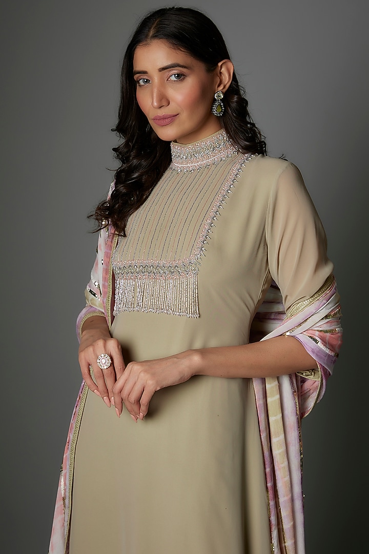 Sage Green Georgette Crystal Embellished Party Wear Anarkali Set by FATIZ at Pernia's Pop Up Shop