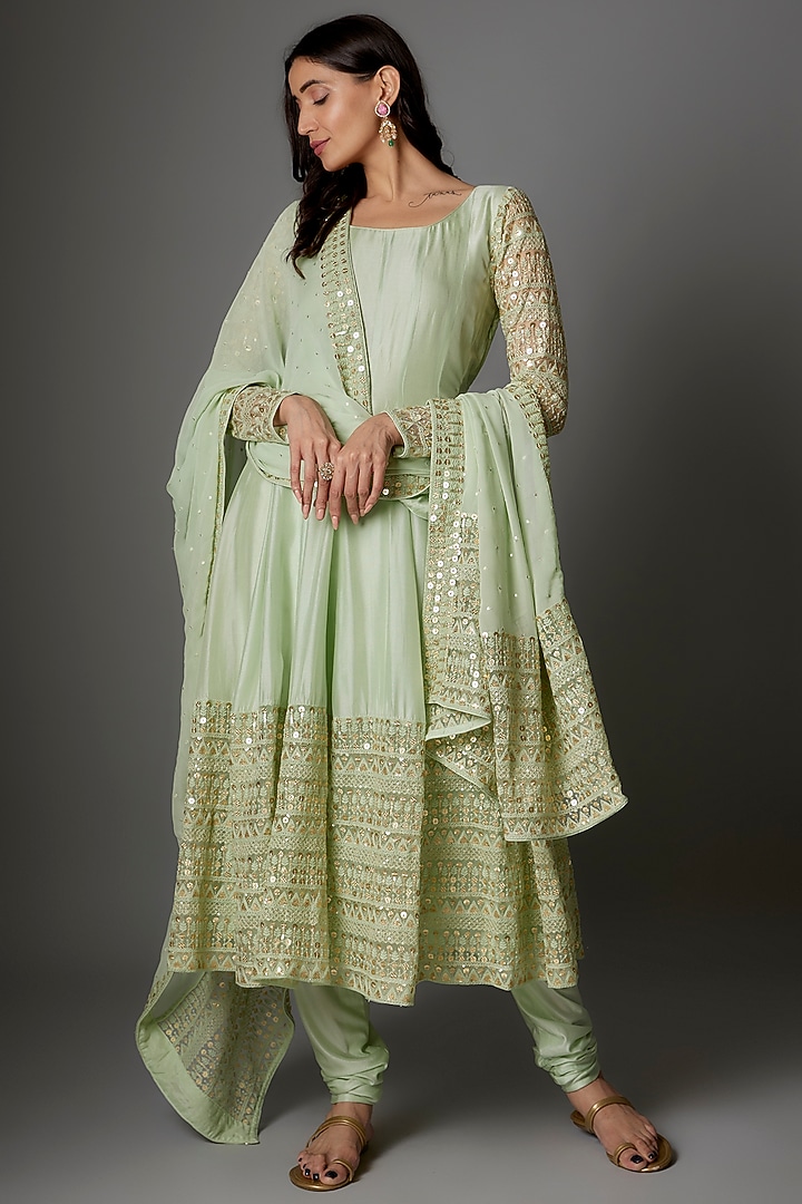 Mint Green Russian Silk Embellished Party Wear Anarkali Set by FATIZ at Pernia's Pop Up Shop