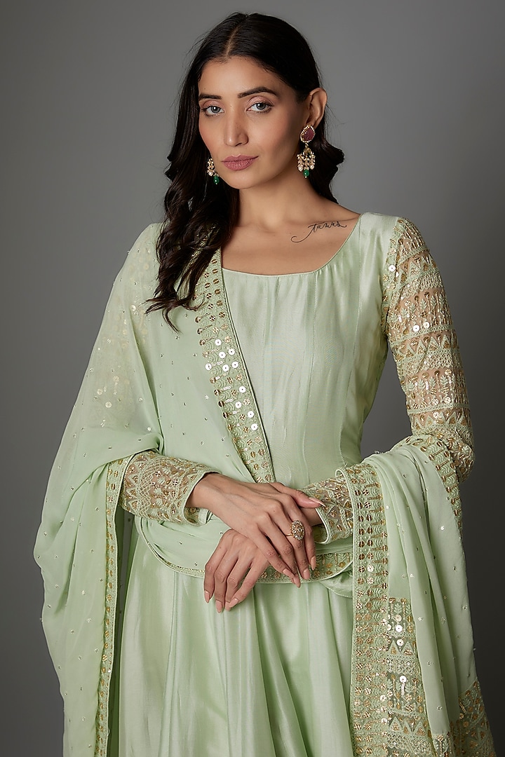 Mint Green Russian Silk Embellished Party Wear Anarkali Set by FATIZ at Pernia's Pop Up Shop