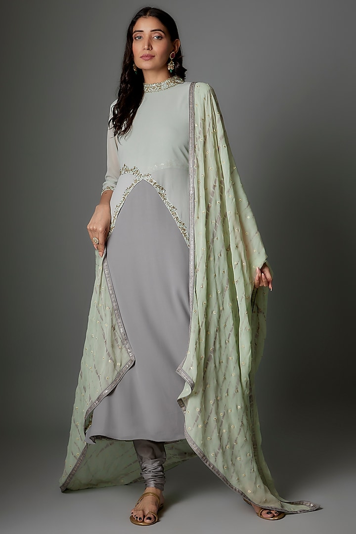 Pastel Green & Grey Georgette Crystal Embroidered Anarkali Set by FATIZ at Pernia's Pop Up Shop