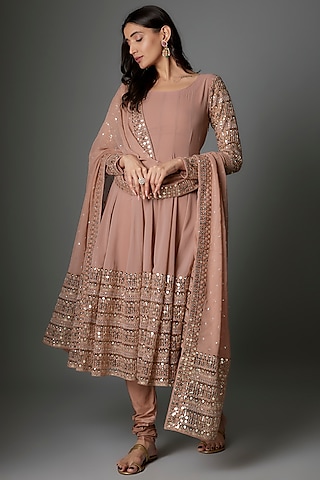 Nude Pink Georgette Sequins Embellished Anarkali Set by FATIZ