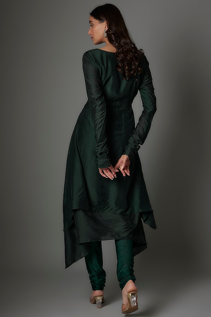 Emerald Green Russian Silk Crystal Embellished Party Wear Anarkali Set by FATIZ at Pernia's Pop Up Shop