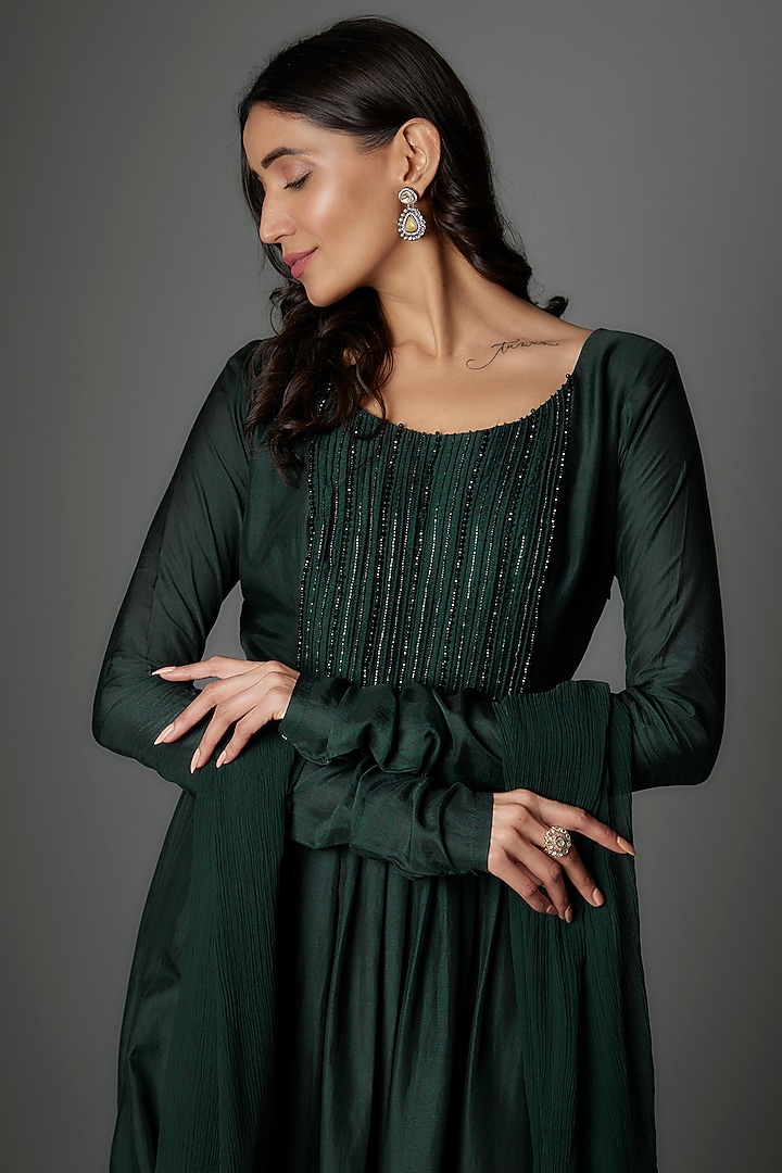 Emerald Green Russian Silk Crystal Embellished Party Wear Anarkali Set by FATIZ at Pernia's Pop Up Shop