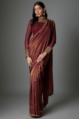 Maroon Tissue Georgette Crystal Embellished Draped Saree Set by FATIZ