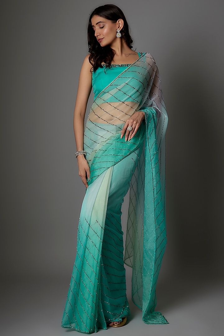 Ocean Blue Crystal Organza Embellished Draped Party Wear Saree Set by FATIZ at Pernia's Pop Up Shop