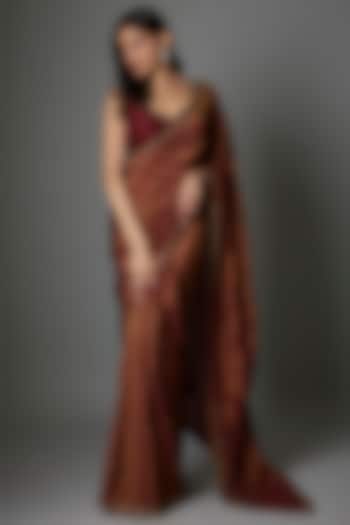 Maroon Tissue Georgette Hand Embellished Saree Set by FATIZ