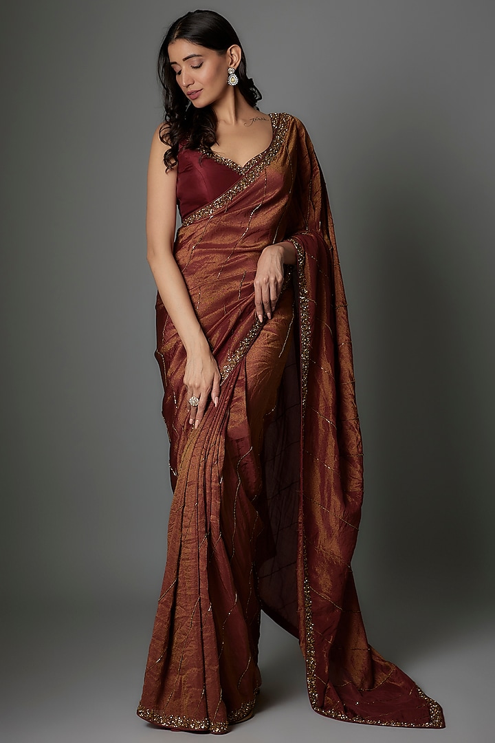 Maroon Tissue Georgette Hand Embellished Saree Set by FATIZ