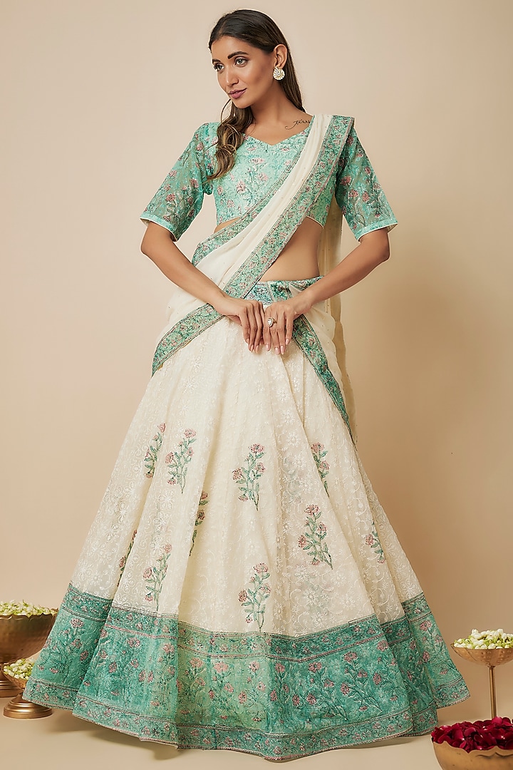 Green & White Tepchi Kota Hand Block Printed Lehenga Set by FATIZ at Pernia's Pop Up Shop