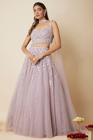 Pastel Lilac Tulle Crystal Embellished Lehenga Set by FATIZ