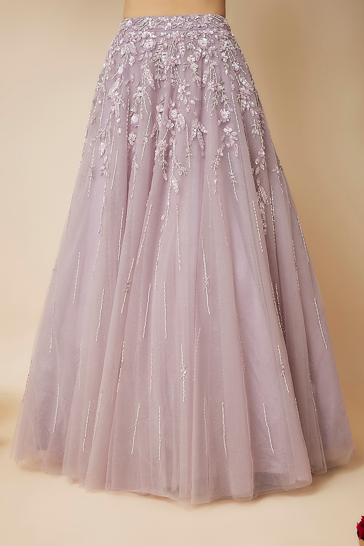 Pastel Lilac Tulle Crystal Embellished Wedding Lehenga Set by FATIZ at Pernia's Pop Up Shop
