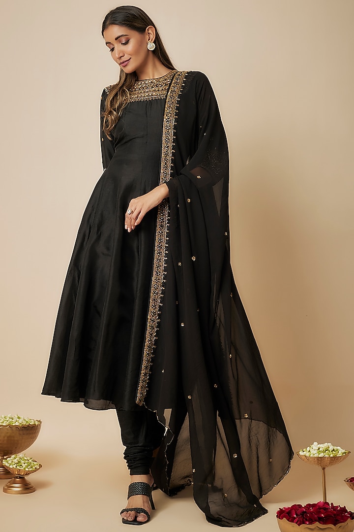 Black Russian Silk Sequins Embellished Anarkali Set by FATIZ at Pernia's Pop Up Shop