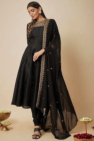 Black Russian Silk Sequins Embellished Anarkali Set by FATIZ