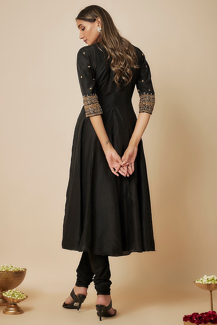 Black Russian Silk Sequins Embellished Party Wear Anarkali Set by FATIZ at Pernia's Pop Up Shop