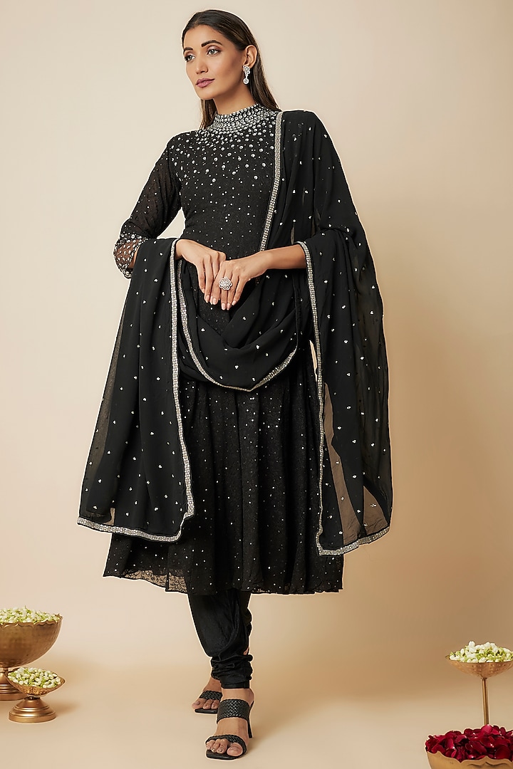 Black Georgette Sequins Embellished Anarkali Set by FATIZ