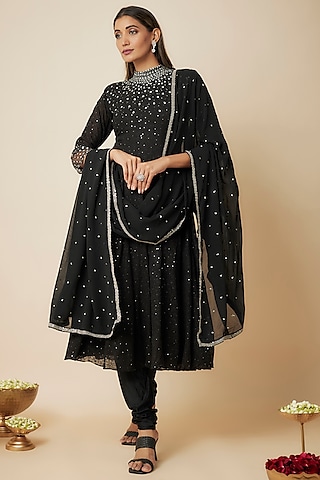 Black Georgette Sequins Embellished Anarkali Set by FATIZ