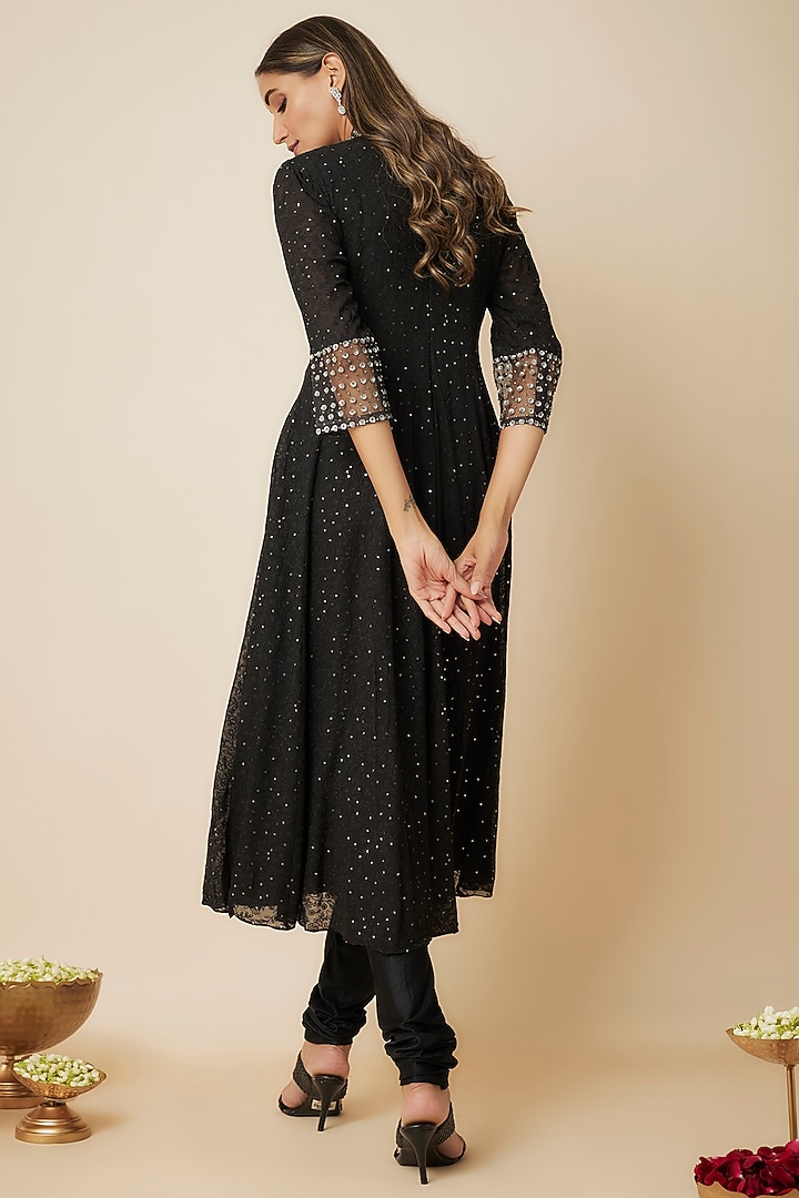 Black Georgette Sequins Embellished Party Wear Anarkali Set by FATIZ at Pernia's Pop Up Shop