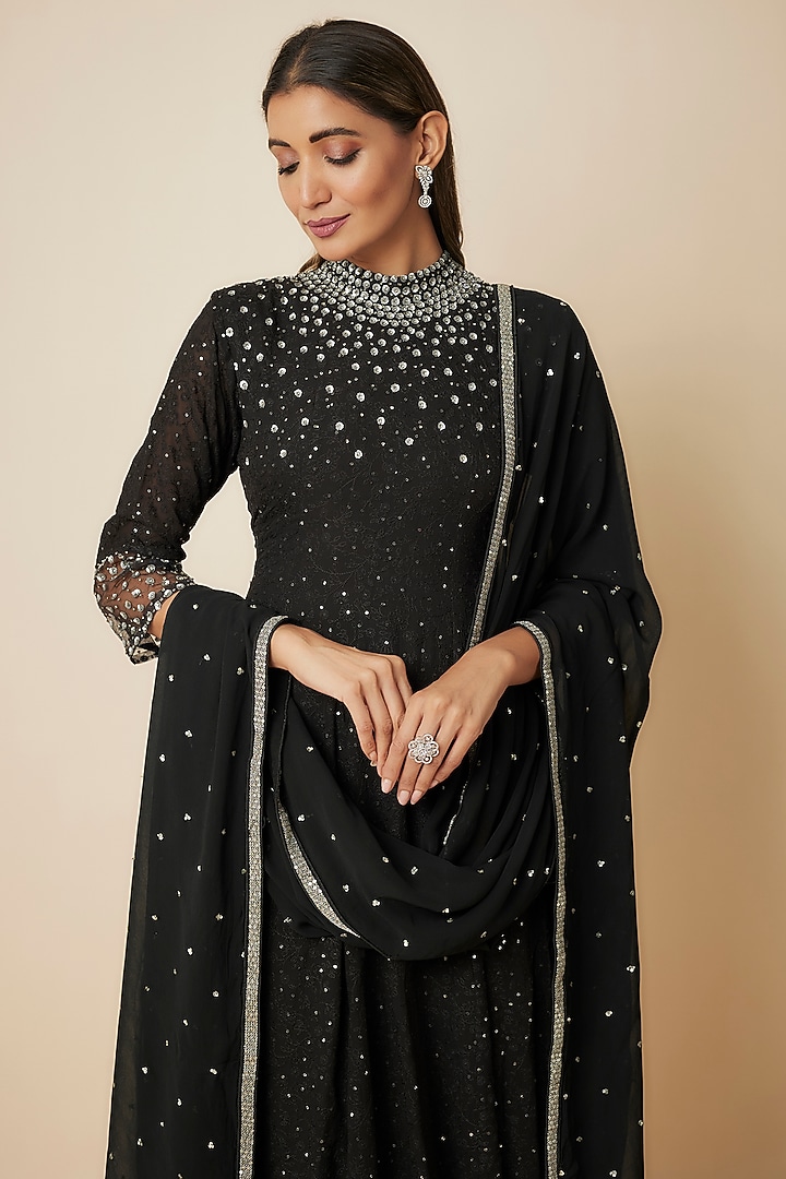 Black Georgette Sequins Embellished Party Wear Anarkali Set by FATIZ at Pernia's Pop Up Shop