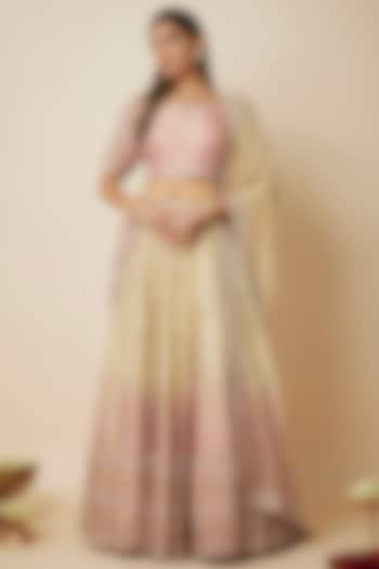 Ivory & Pink Ombre Tissue Organza Wedding Lehenga Set by FATIZ at Pernia's Pop Up Shop