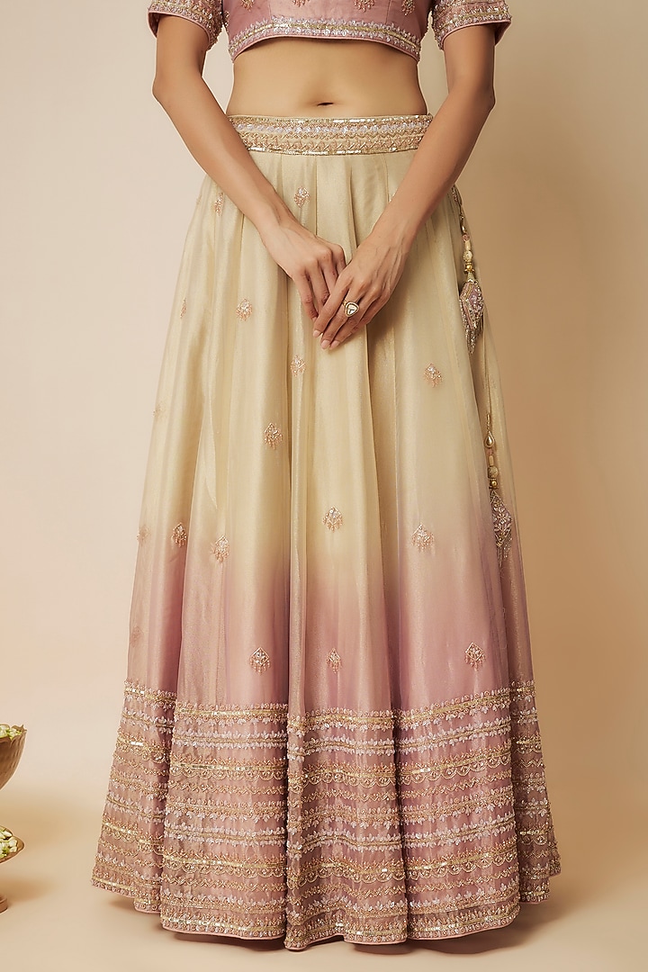 Ivory & Pink Ombre Tissue Organza Wedding Lehenga Set by FATIZ at Pernia's Pop Up Shop