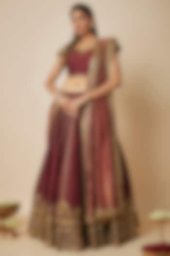 Maroon Pure Raw Silk Bridal Lehenga Set by FATIZ at Pernia's Pop Up Shop