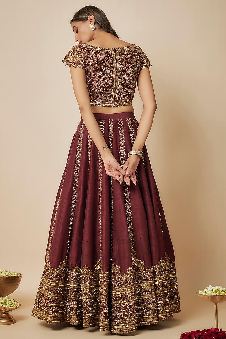 Maroon Pure Raw Silk Bridal Lehenga Set by FATIZ at Pernia's Pop Up Shop