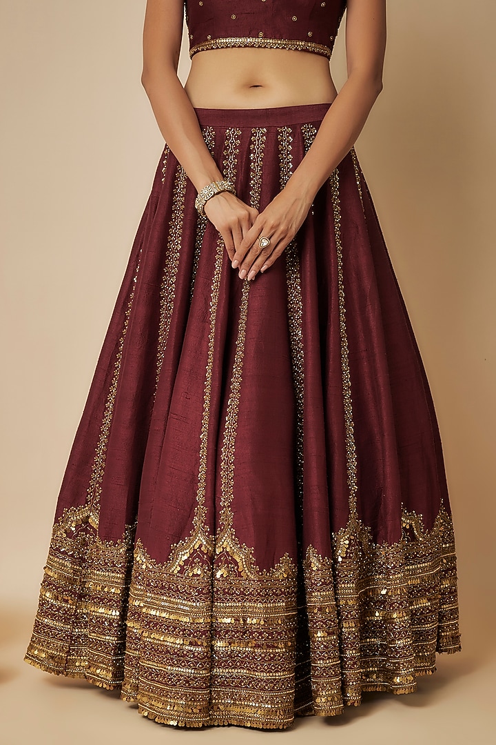 Maroon Pure Raw Silk Bridal Lehenga Set by FATIZ at Pernia's Pop Up Shop