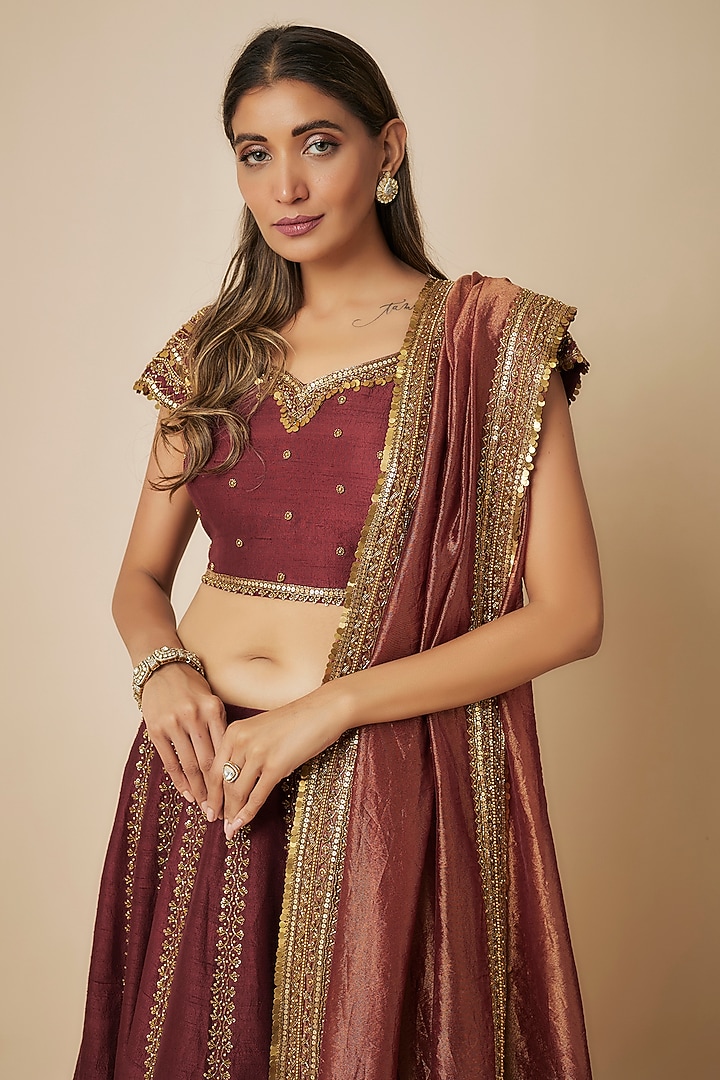 Maroon Pure Raw Silk Bridal Lehenga Set by FATIZ at Pernia's Pop Up Shop