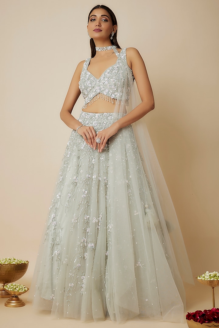 Pastel Pistachio Tulle Crystal Embellished Wedding Lehenga Set by FATIZ at Pernia's Pop Up Shop