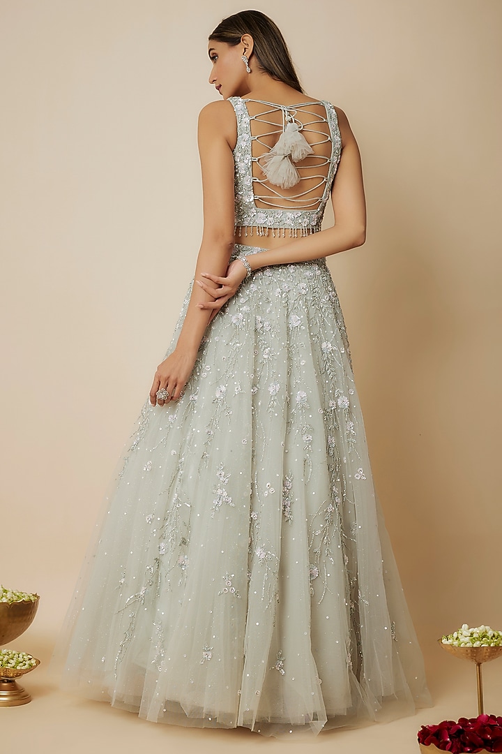 Pastel Pistachio Tulle Crystal Embellished Wedding Lehenga Set by FATIZ at Pernia's Pop Up Shop
