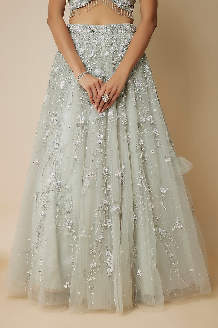 Pastel Pistachio Tulle Crystal Embellished Wedding Lehenga Set by FATIZ at Pernia's Pop Up Shop