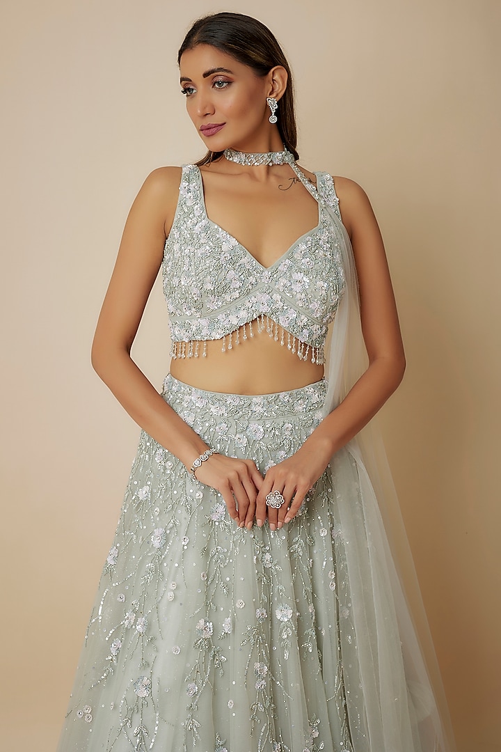 Pastel Pistachio Tulle Crystal Embellished Wedding Lehenga Set by FATIZ at Pernia's Pop Up Shop