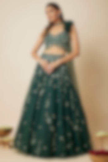 Emerald Tulle Crystal Embellished Wedding Lehenga Set by FATIZ at Pernia's Pop Up Shop