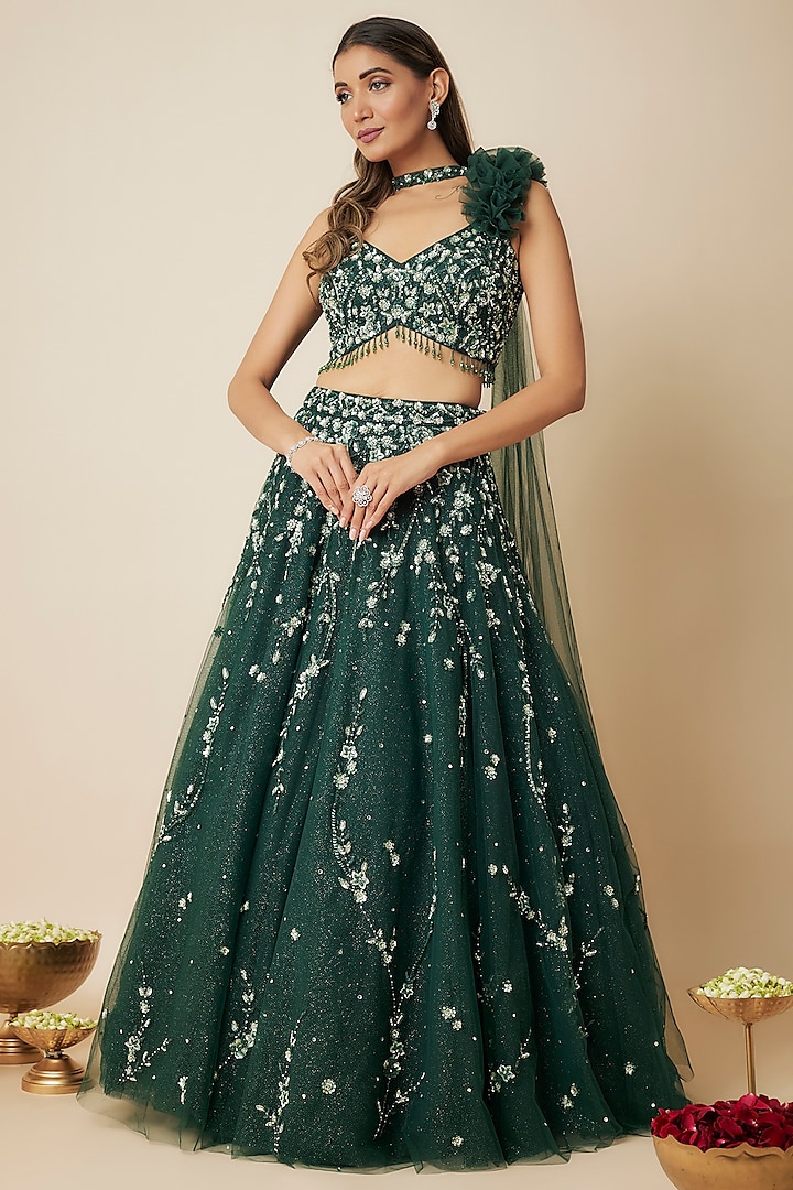 Emerald Tulle Crystal Embellished Wedding Lehenga Set by FATIZ at Pernia's Pop Up Shop