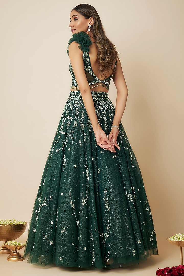 Emerald Tulle Crystal Embellished Wedding Lehenga Set by FATIZ at Pernia's Pop Up Shop