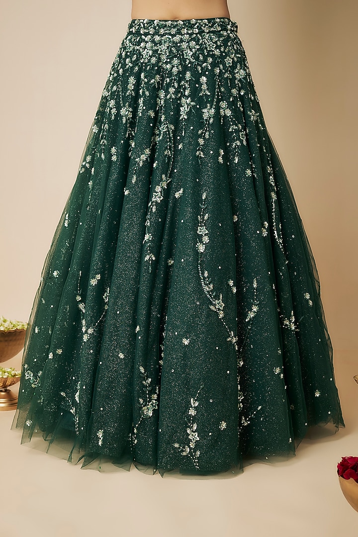 Emerald Tulle Crystal Embellished Wedding Lehenga Set by FATIZ at Pernia's Pop Up Shop