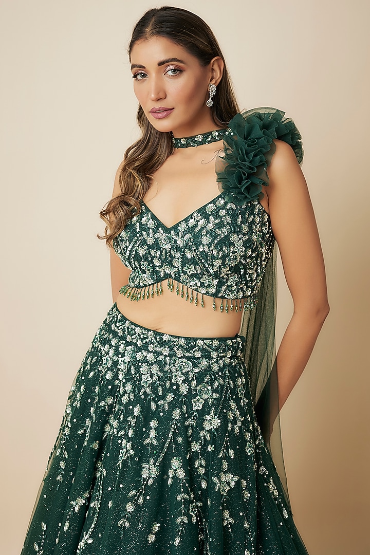 Emerald Tulle Crystal Embellished Wedding Lehenga Set by FATIZ at Pernia's Pop Up Shop