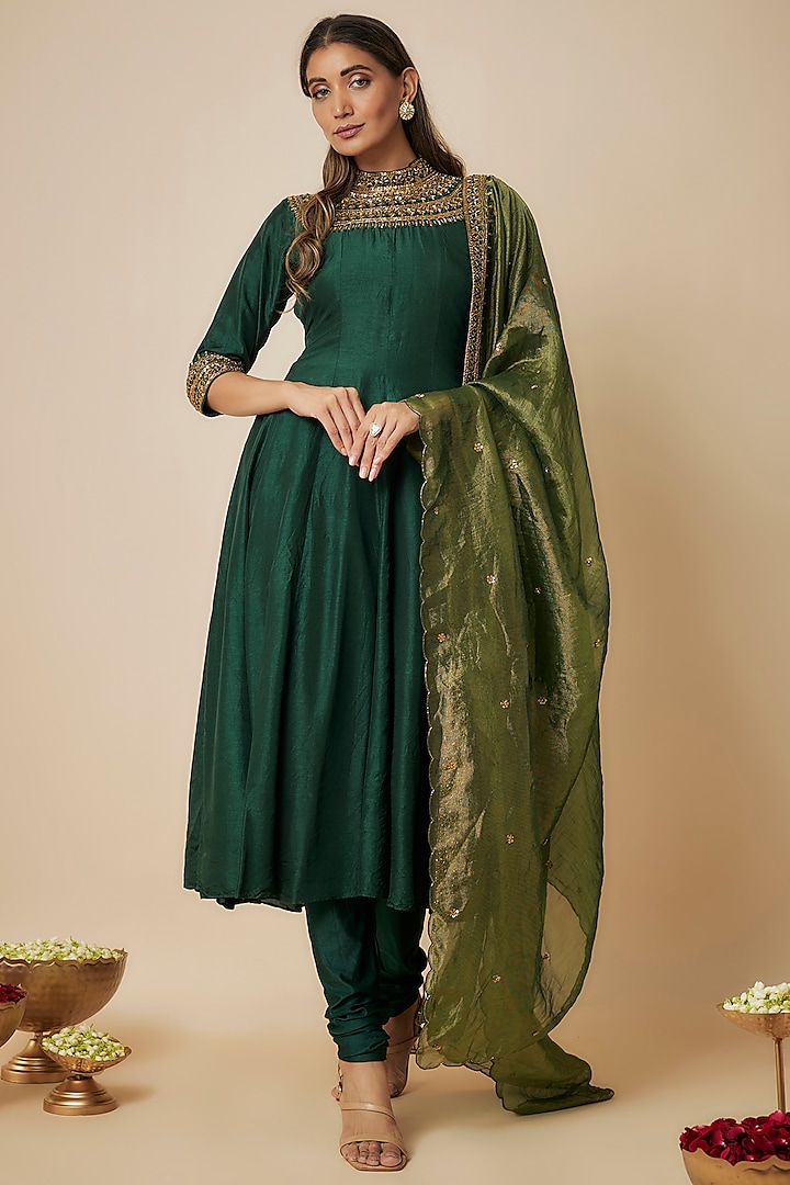 Bottle Green Russian Silk Sequins Embellished Anarkali Set by FATIZ at Pernia's Pop Up Shop