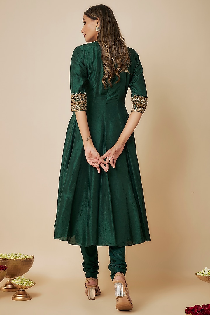 Bottle Green Russian Silk Sequins Embellished Wedding Anarkali Set by FATIZ at Pernia's Pop Up Shop
