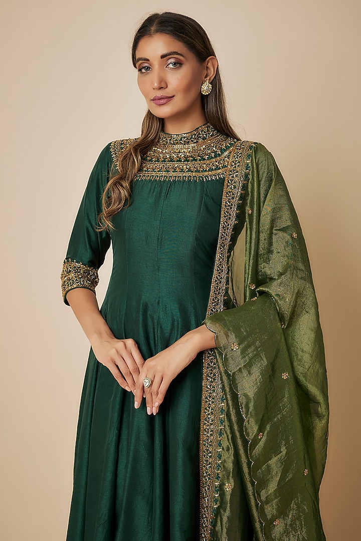 Bottle Green Russian Silk Sequins Embellished Wedding Anarkali Set by FATIZ at Pernia's Pop Up Shop