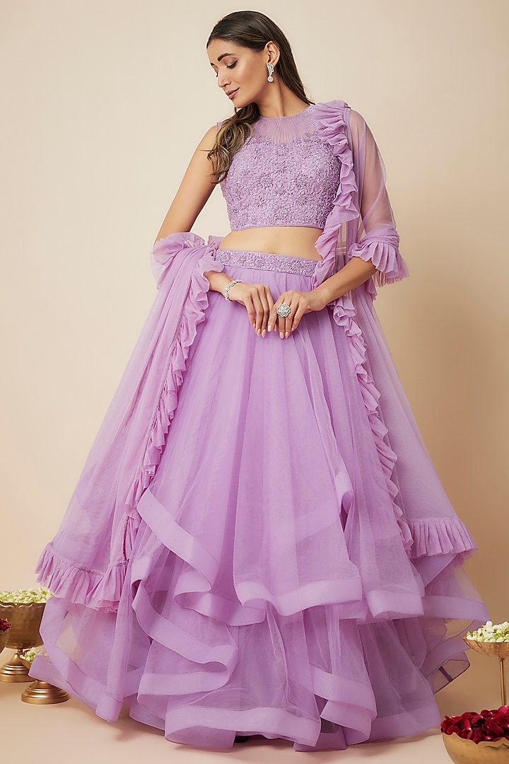 Lilac Tulle Wedding Lehenga Set by FATIZ at Pernia's Pop Up Shop