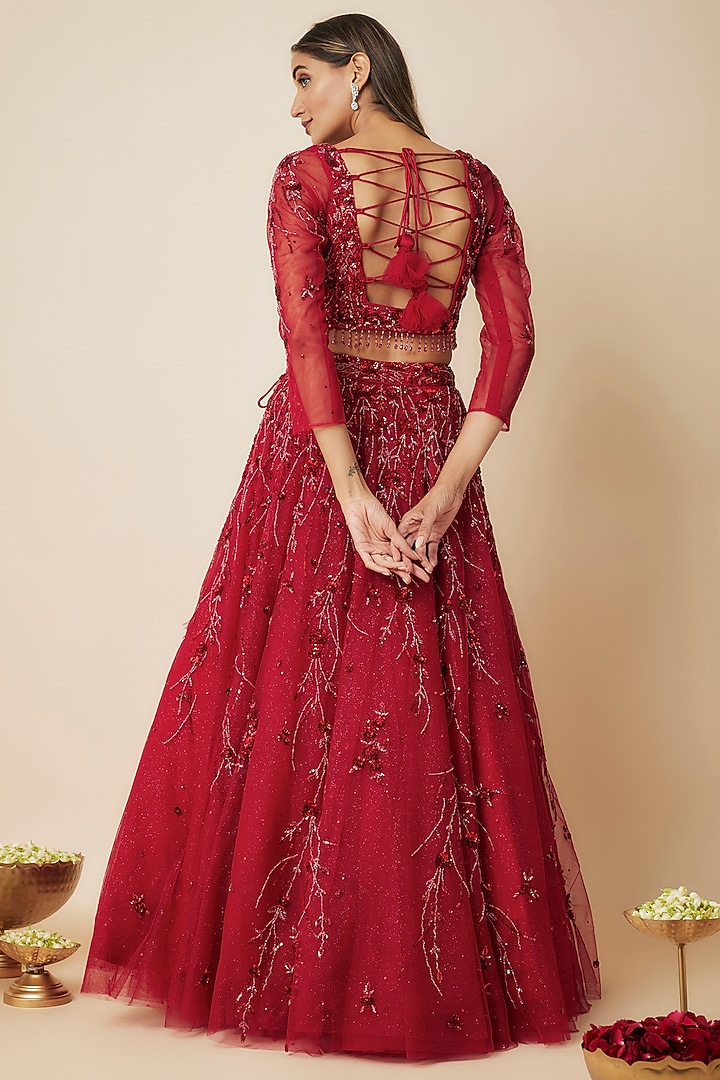 Red Tulle Crystal Embellished Wedding Lehenga Set by FATIZ at Pernia's Pop Up Shop