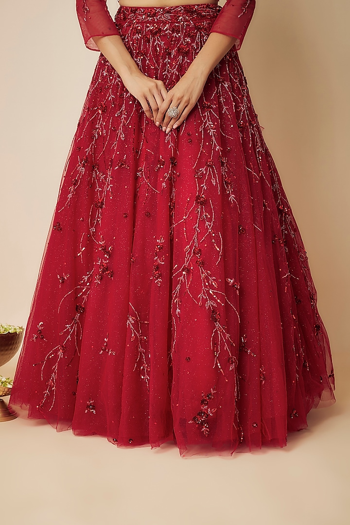 Red Tulle Crystal Embellished Wedding Lehenga Set by FATIZ at Pernia's Pop Up Shop