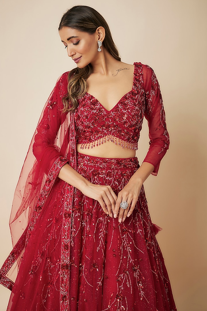 Red Tulle Crystal Embellished Wedding Lehenga Set by FATIZ at Pernia's Pop Up Shop